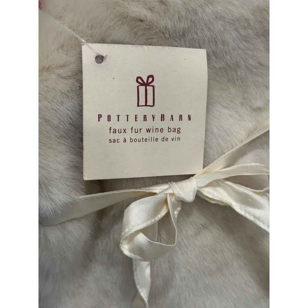 Pottery Barn Faux Fur Wine Bag Ivory Cream‎ Gift Wrap Satin Ribbon NWT